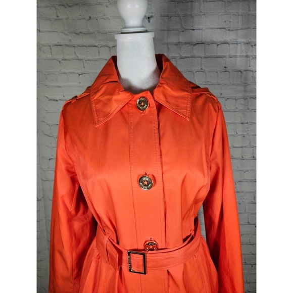 Michael Kors Women's Orange Hooded Rain‎ Coat Belted Gold Buttons Small - Picture 2 of 13